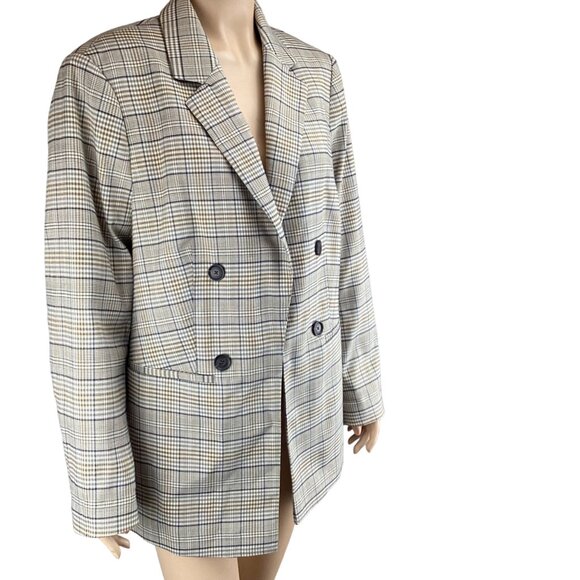 Violeta By MNG Mango Womens Plaid Double-Breasted Blazer Jacket Medium Oversize - Picture 2 of 8
